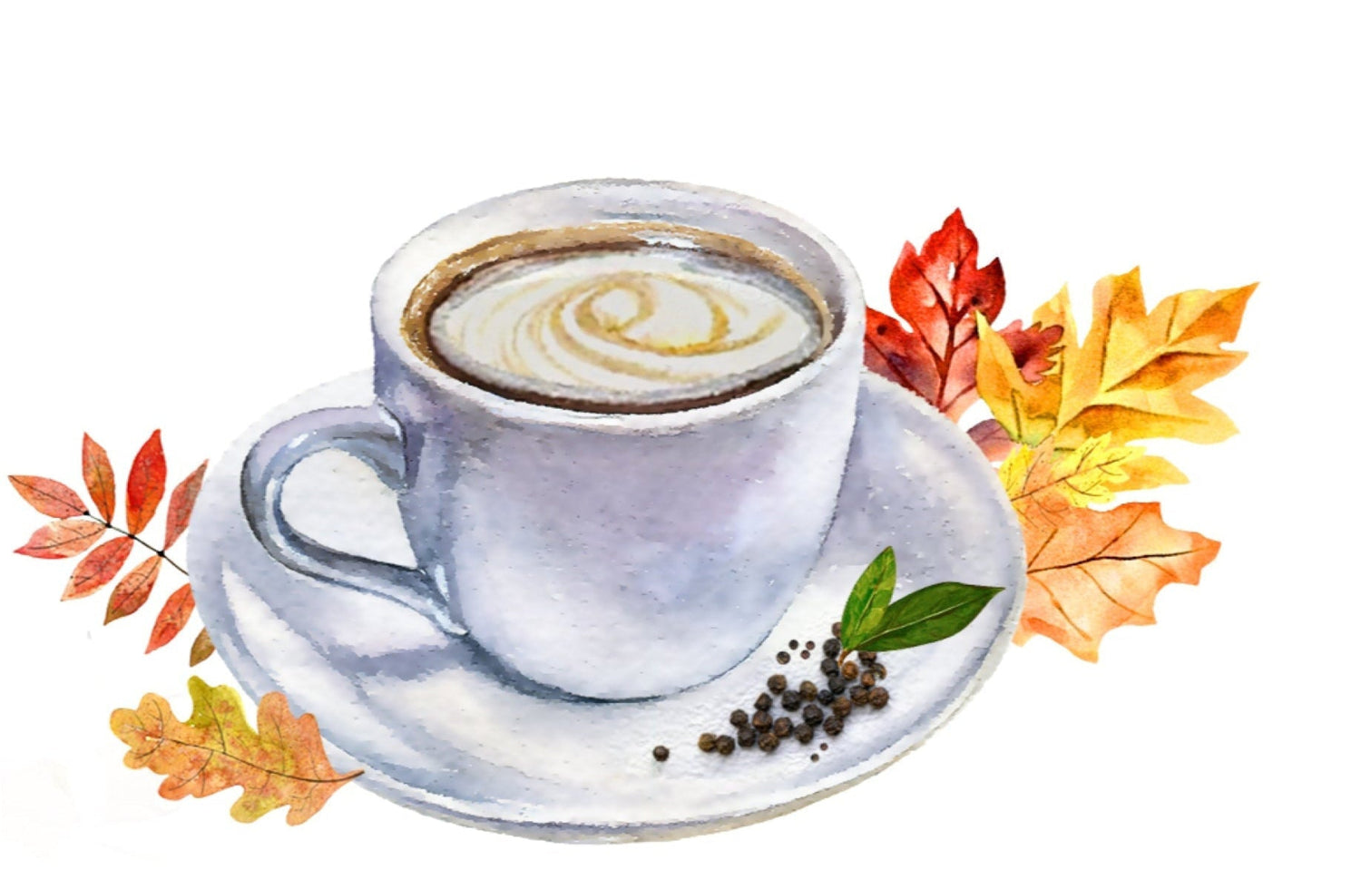 Cup of coffee with a decorative leaf design on a white background