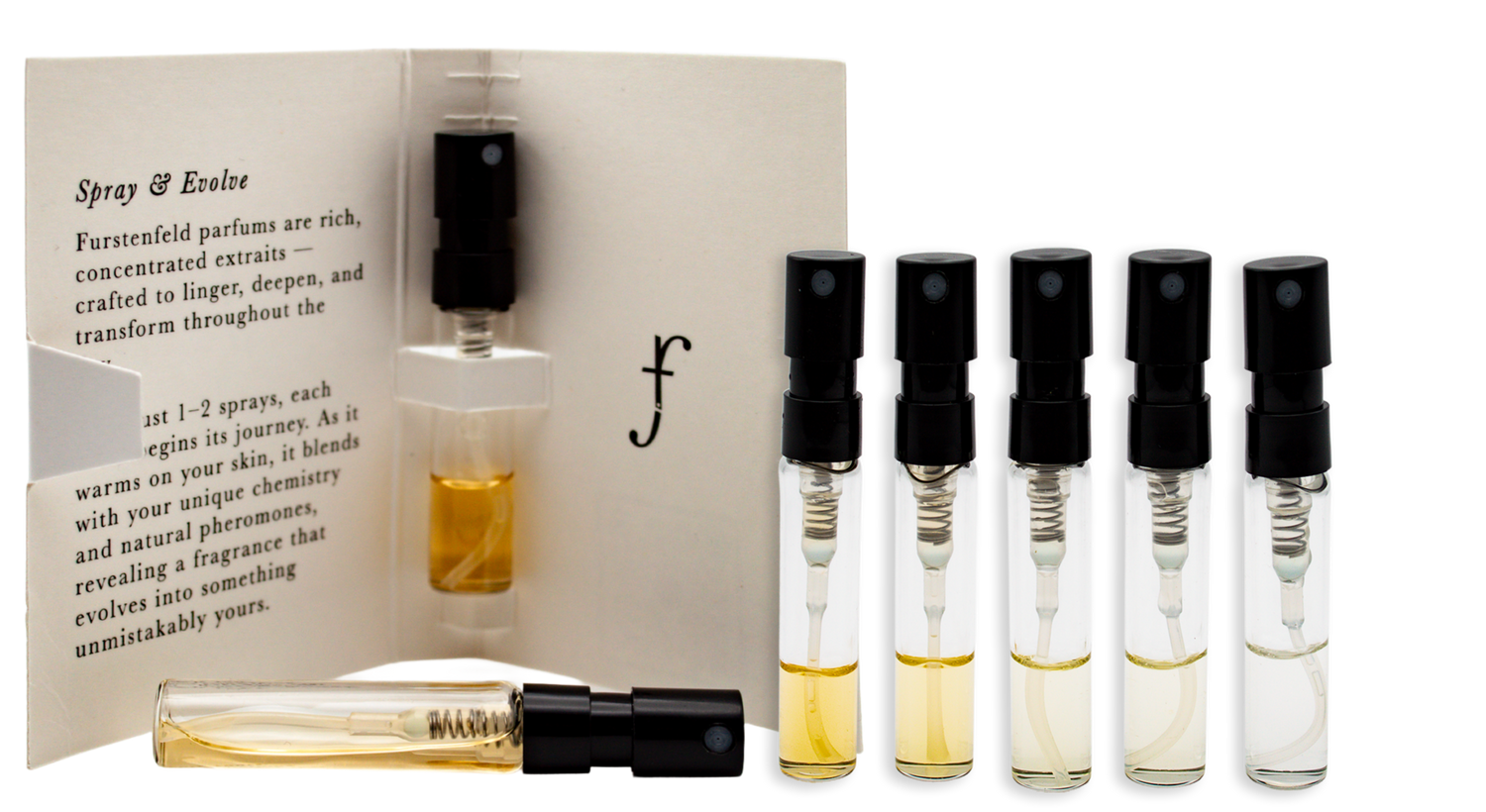 Set of perfume samples with a branded box on a white background